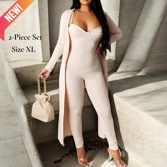 New 2 PIECE Apricot Rib-Knit Form Fitting Cami Jumpsuit With Long Cardigan - Picture 16 of 16